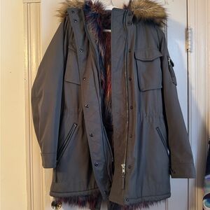 Women's Gray Parka with Faux Fur Trim